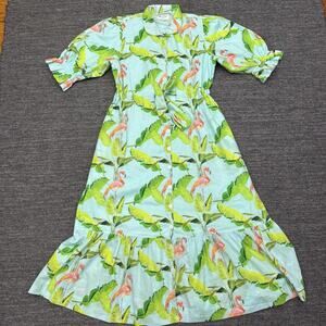 HOLLY SHAE DESIGN Catherine Dress XS/S Maxi Puff Sleeve Flamingo Shirt Tie Waist